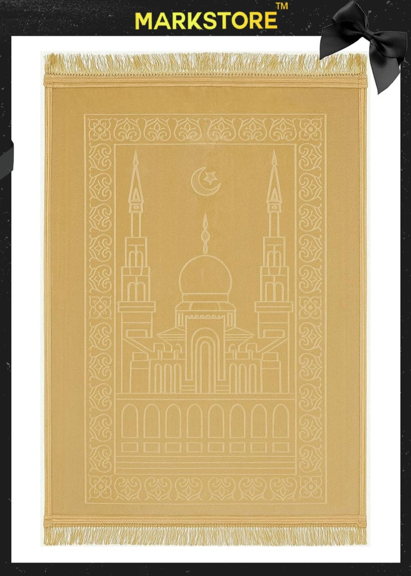 مارك ستور سجادة صلاة بلون الكراميل الذهبي، سجادة صلاة علوية مخملية منقوشة ممتازة ومضادة للانزلاق، جاي نماز، مصلى لنماز عبادات العمرة حج رمضان 80 × 120 سم، أفضل هدية لرمضان - Image 2